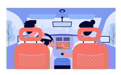 illustration of interior of car with two people inside touching the screen on the dash