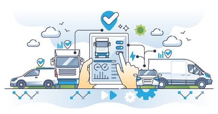 illustration of a tablet connected to vehicles indicative of controlling one's fleet