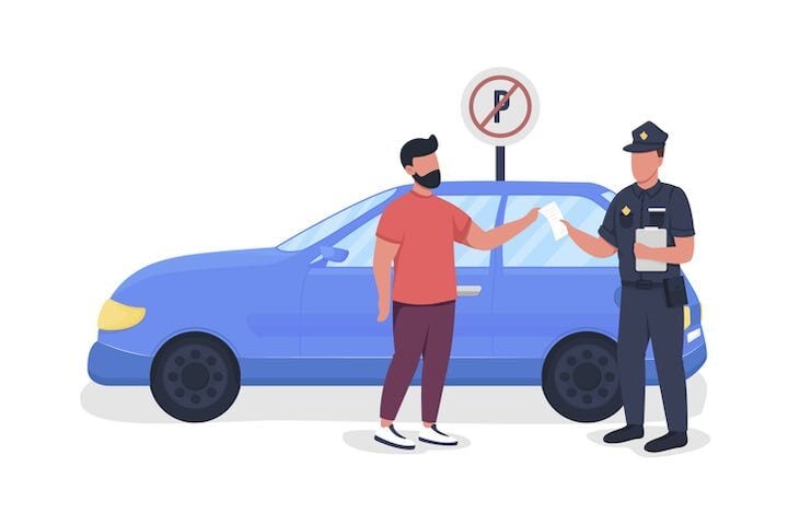 illustration of police officer handing a driver a citation representing traffic laws