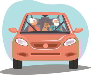 illustartion of an elderly couple in a car with their dog in the backseat