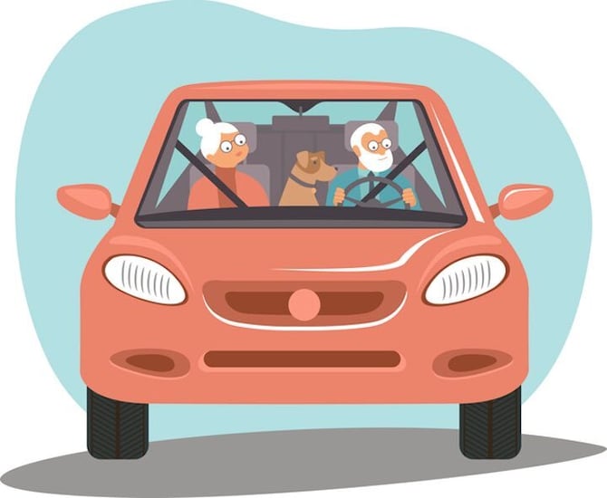 illustartion of an elderly couple in a car with their dog in the backseat