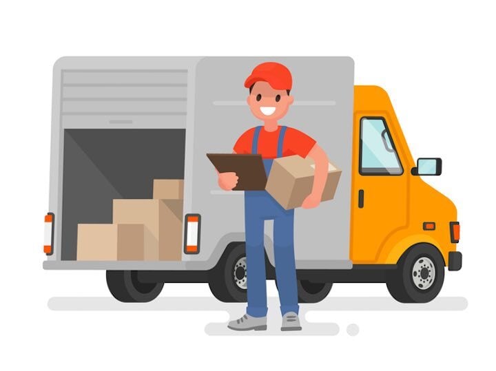 illustration of delivery driver next to van holding package and clipboard