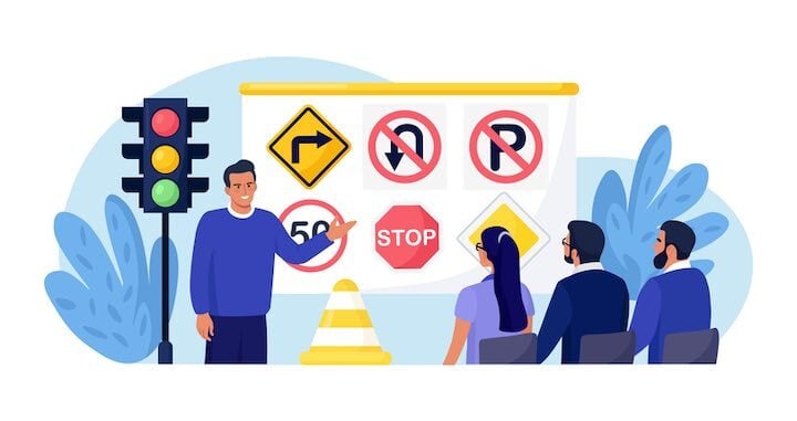 illustation of fleet driver safety training session with instructor reviewing road signs
