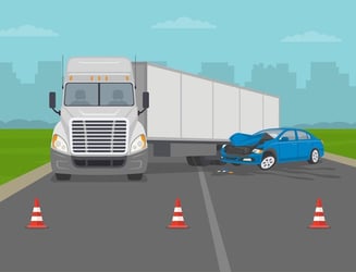 illustration of a semi truck and small blue car involved in a vehicle accident