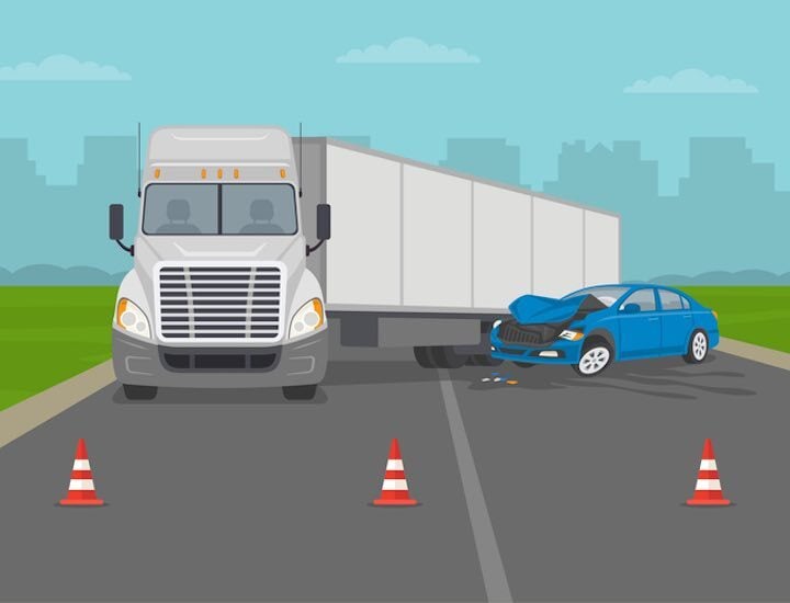 illustration of a semi truck and small blue car involved in a vehicle accident