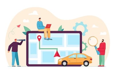 illustration of a tablet with a vehicle map and a car taking the routes.