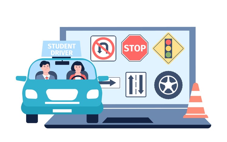 illustration of student driver in car next to a laptop with online driving training to represent online vs inperson driving lessons