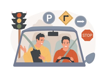 illustration of student driver in car with instructor